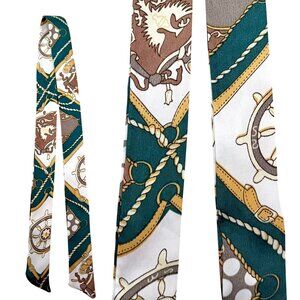 Silk Slim Scarf Green Brown Gold Nautical Crest Print 35In Long Equestrian No19